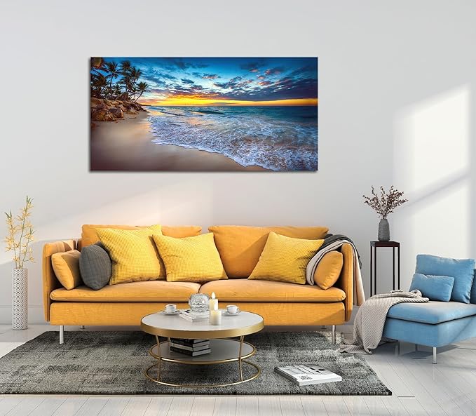 Large Sunset Beach Canvas Wall Art for Living Room Coastal Painting Wall Decor Seascape Picture Nature Ocean Artwork Poster Print for Kitchen Bedroom Decoration 20"x40"