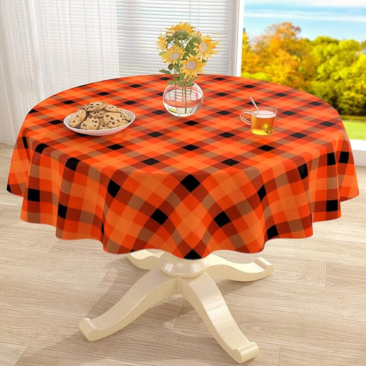 misaya Round Waterproof Vinyl Table Cloth, Buffalo Flannel Backed Tablecloth, Wipeable Plastic Table Cover for Fall, Halloween (60", Black and Orange and Yellow)