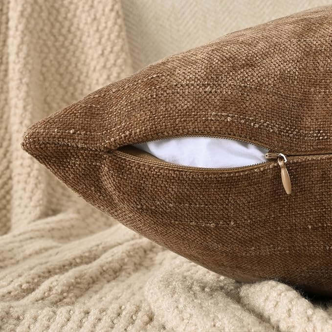 Set of 4 Soft Textured Decorative Throw Pillow Covers 18x18 Inch Cozy Farmhouse Cushion Cover Square Accent Pillow Cases for Bed Couch Sofa Living Room, Beige Taupe Brown