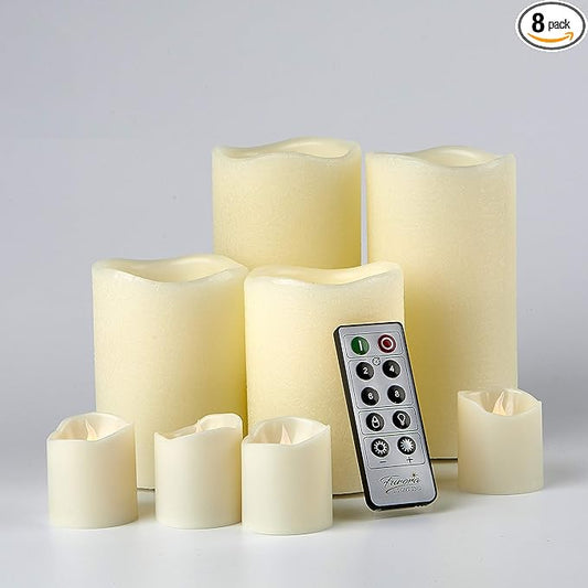 FURORA LIGHTING Ivory Real Wax Flameless Candles with Remote and Timer, 4 Pillars and 4 Votives Pack of 8, Flameless Flickering Candles for Home Décor, Battery Included