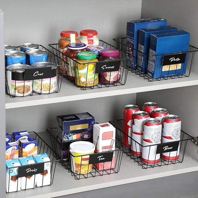 8 Pack Wire Storage Baskets for Organizing with Removable Tags, Pantry Organization Bins for Kitchen Cabinets, Closet - Metal Basket for Laundry, Garage, Refridge, Bathroom Countertop Organizer, Black