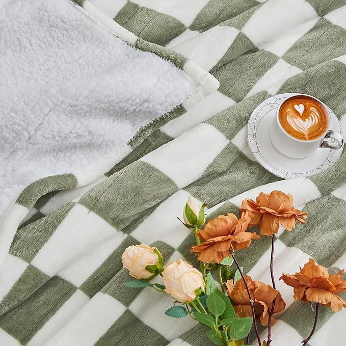 Sage Green Heated Blanket Electric Twin Size, 62X84 Heating Blanket with 10 Heat Levels & 8 Hours Auto Off, Checkered Plaid Soft Fleece Sherpa Blankets Warmer Gifts for Couch Grandma Women Adults, ETL