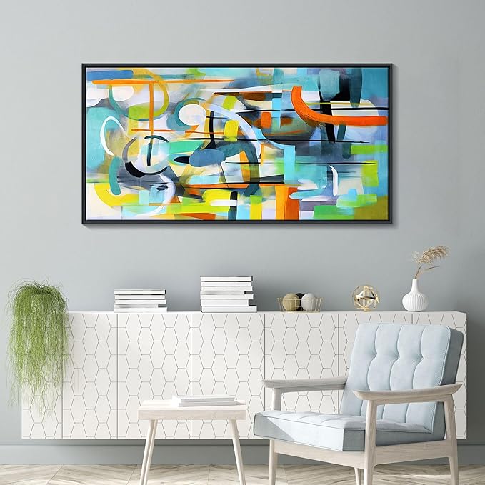 Mofutinpo Abstract Wall Art- Framed Modern Colorful Canvas Wall Pictures-Teal And Blue Line Art -Pictures for Living Room Wall Decoration- Graffiti Paintings for Bedroom-Office Wall Decor 24×48IN
