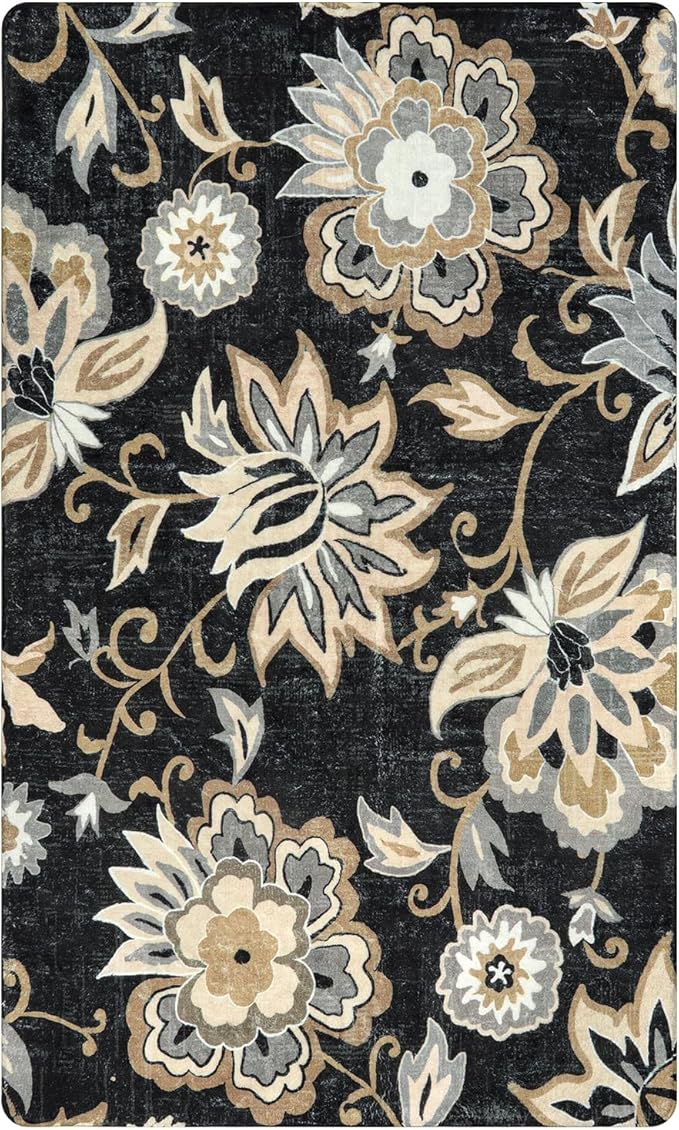 Lahome Floral Washable Living Room Area Rug - 3x5 Non-Slip Low-Pile Rugs for Entryway, Throw Small Stain Resistant Kitchen Rugs Soft Black Paisley Print Carpet for Office Bedroom Laundry Room Office