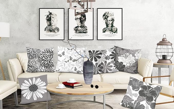 COMMINY Grey Pillow Covers 18x18 Set of 6 Decorative Daisy Flower Throw Pillow Cover for Couch Modern Cushion Cover for Patio Living Room Cushion Bed Farmhouse Home Decor