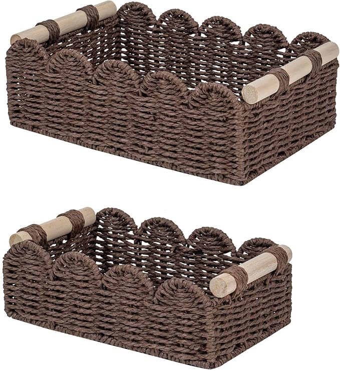 CubesLand Paper Rope Scalloped Edge Shelves Baskets Set 2, Idea for Over Toilet Storage Shelf, End Table, Nightstand, Toilet Tank Basket with 2 Wood Handle, Stylist&Useful Both Storage&Decor, Brown