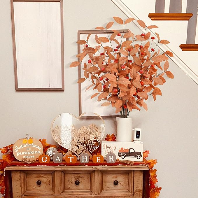 Uieke 8PCS Artificial Fall Eucalyptus Stems, 27.5inch Fall Flowers with Orange Red Pumpkin Berries Long Stems for Vase Home Wedding Florals Arrangement Autumn Thanksgiving Decor