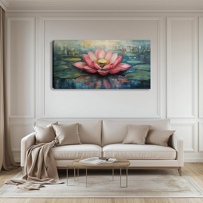 Large Pink Lotus Canvas Wall Art Flower Picture Wall Decor Zen Painting Artwork Framed for Bedroom Living Room Kitchen Yoga Room Office Home Decor 48L x 24W