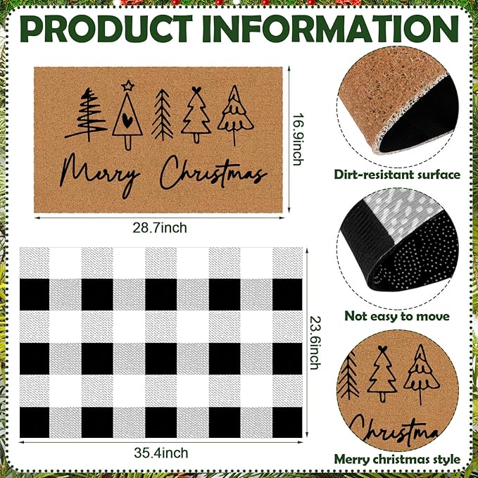 2 Pcs Merry Christmas Door Mat Xmas Tree Welcome Non Slip Coir Mats Heart Xmas Black White Buffalo Plaid Floor Layering Doormats Seasonal for Front Porch Entryway Decor(Christmas)
