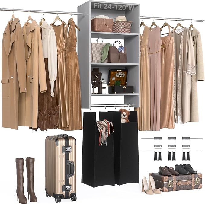 Hanging Closet System with 2 Laundry Hampers, Wood Closet Organizer System with Towers and Hanging Rods, Fits 2-10 Ft. Wall Mounted Closet Systems for Walk-in Closet, Laundry Room, Grey