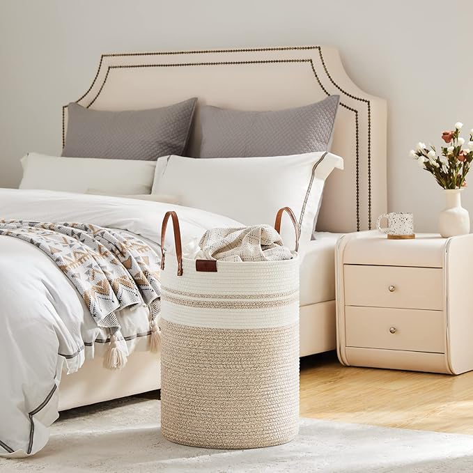 VIPOSCO Tall Laundry Basket, Large Dirty Clothes Hamper with Leather Handle, Woven Rope Storage Basket for Blanket, Toy In Living Room, Bathroom, Bedroom - 58L Brown & White