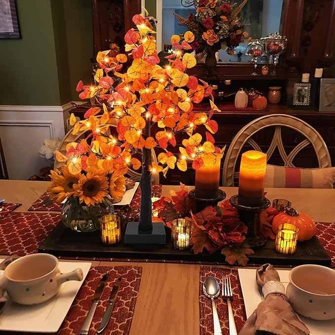 Agusbagli 24 Inch Artificial Eucalyptus Tree Decor, 55 LED Battery Operated Fall Light Up Tabletop Tree with Timer for Indoor Home Wedding Harvest Autumn Thanksgiving Decorations