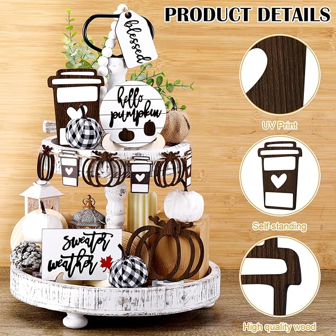 19 Pcs Rustic Fall Tiered Tray Decor Autumn Farmhouse Home Decorations Set Fall Wood Tray Decor Rustic Autumn Thanksgiving Day Decorative Sign for Tabletop Kitchen Office Decorations