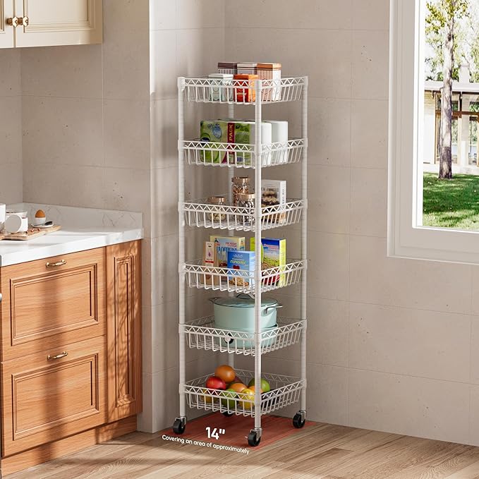 6 Shelves Storage Shelf Wire Closet Bathroom Organizers Metal Pantry Kitchen Garage Shelving Unit Laundry Room Organization Home Rack Net Basket White with Wheels 14" Dx14 Wx64.8 H