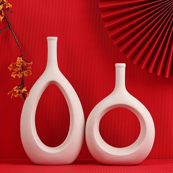 Off White Ceramic Hollow Elliptical Vase Set of 2 - Boho Circle Vase with Hole, for Modern Off White Table Decor, Living Room Decor Shelf mid Century Modern Home Entrance Decorative vase
