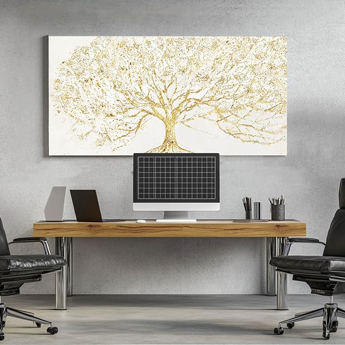 GAIDUOMAI Modern Abstract Tree Painting on White Background Gold Minimalist Art work for Bedroom Office Posters Entryway Wall Decor 24x48 Inch