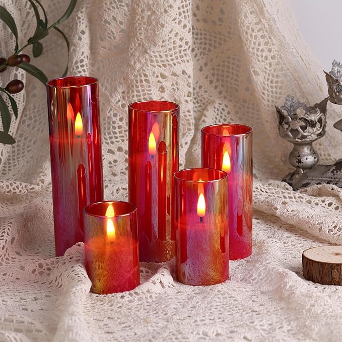 Eywamage Red Glass Flameless Candles with Remote Batteries, Flickering Slim Tall LED Candles Christmas Decor Set of 5