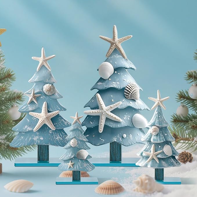 Barydat 4 Pcs Blue Coastal Christmas Table Decorations Wooden Ocean-Themed Christmas Tree Centerpieces Table Decor for Xmas Party Gifts Home Indoor Home Kitchen Office Room Decor