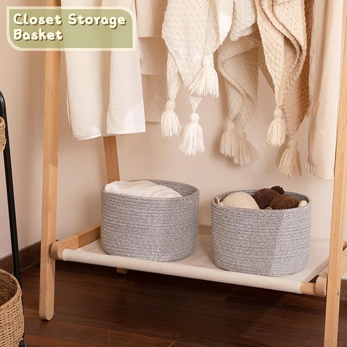 OIAHOMY Small Storage Baskets for Organizing,Closet Cube Shelf Storage, 9.8”×9.8”×7.1”, Woven Cotton Rope Gift Baskets for Nursery,Cute Dog Toy bins, Round 3 Packs, Grey