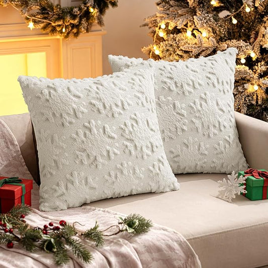MIULEE Christmas Snowflake Decorative Throw Pillow Covers Set of 2,Soft Fluffy Faux Wool Winter Holiday Couch Pillows for Farmhouse Boho Home Decor Sofa Bed Porch Living Room 18x18 Inch Cream White