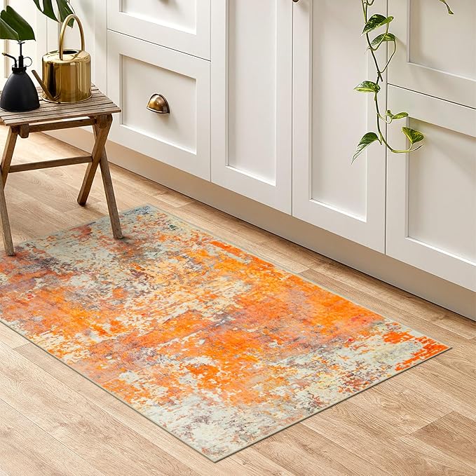 Lahome Modern Abstract Small 2x3 Rug - Washable Kitchen Rugs Non Slip Front Indoor Mat for Entry Bathroom, Contemporary Soft Throw Carpet for Entryway Bedside, Orange/Yellow