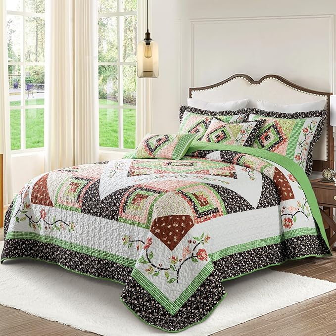 VAPUTAR Quilt King Size Bedding Set - Soft King Size Quilt Set for All Season, Lightweight Reversible Coverlet Bedspread for Farmhouse Bedroom (98 × 106 Inch), Green