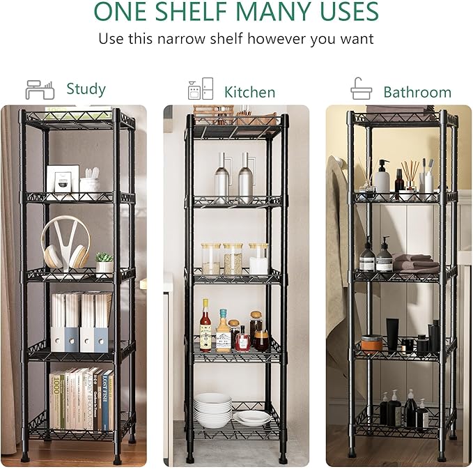 GIOTORENT 5 Tier Standing Shelving Metal Units, Adjustable Height Wire Shelf Display Rack for Laundry Bathroom Kitchen 11.8 W x 11.8 D x 50 H (5-Tier, Black)