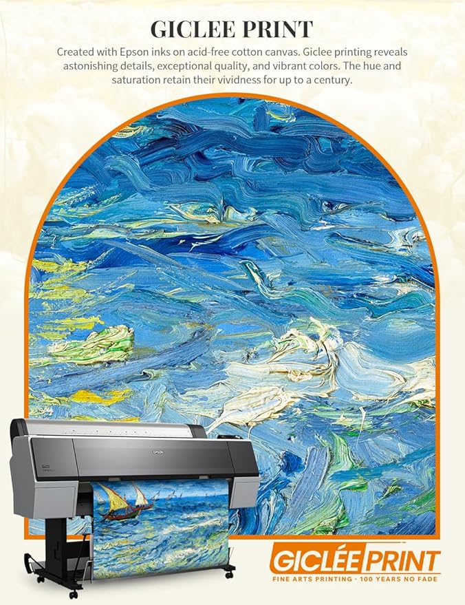 DECORARTS - Fishing Boats at Sea by Vincent Van Gogh, Large Giclee Canvas Print with Solid Wood Frame, Oversized Wall Art Decor