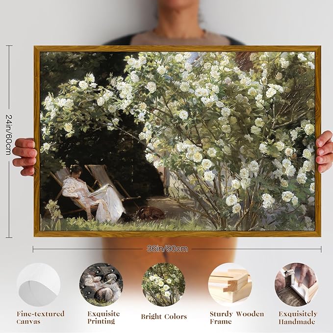 crmotu Framed Canvas Wall Art, Country Garden Landscape Large Artwork, Lady and Roses Vintage Art Prints, Retro Wall Paintings for Living Room Bedroom, Rustic Farmhouse Pictures 24x36in