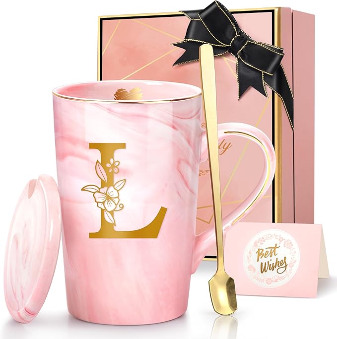 Coffee Mugs - Personalized Gifts for Women, Initial Customized Gift Ceramic Marble Cups 14 Oz Pink, Luxury Birthday Christmas Mother's Day Gift for Her Mom Grandma Girlfriend Friend Unique,L