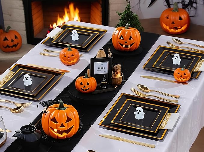 WDF 125Pieces Black Square Plastic Plates with Gold Rim Gold Disposable Silverware - include 25Pcs Dinner Plates,25Pcs Dessert Plates,25 Forks, 25 Knives, 25 Spoons for Halloween