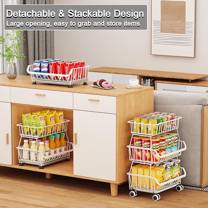 3-Tier Rolling Pantry Floor Organizer, Stackable Pantry Storage Cart with Wheels, Metal Wire Snack Baskets, Kitchen Fruit Basket Stand, Vegetable Storage Rack for Fruits Onions Potatoes Snacks, White