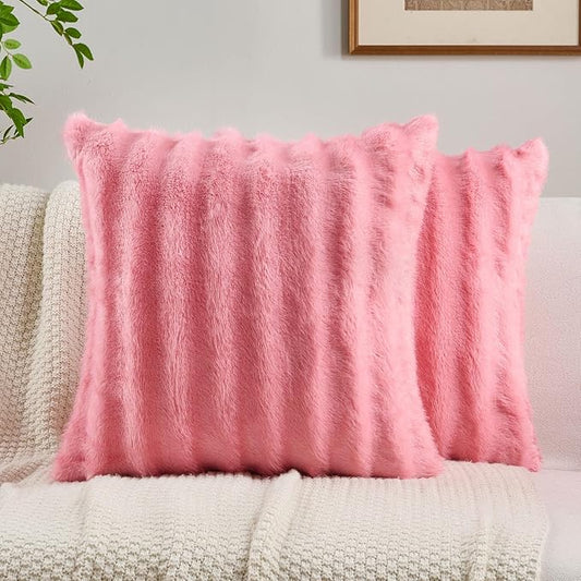 FUTEI Blush Pink Decorative Throw Pillow Covers 26x26 Inch Set of 2,Soft Fluffy Faux Mink Fur Dyeing Striped Textured Euro Pillow Shams,Modern Home Decor for Couch Bed Living Room