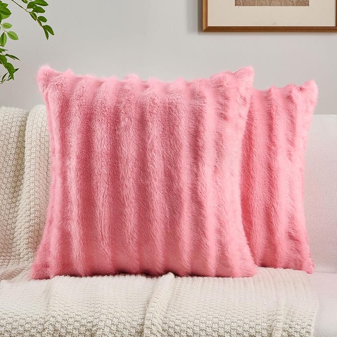 FUTEI Blush Pink Decorative Throw Pillow Covers 20x20 Inch Set of 2,Soft Fluffy Faux Mink Fur Dyeing Striped Textured Cushion Case,Modern Home Decor for Couch Bed Living Room