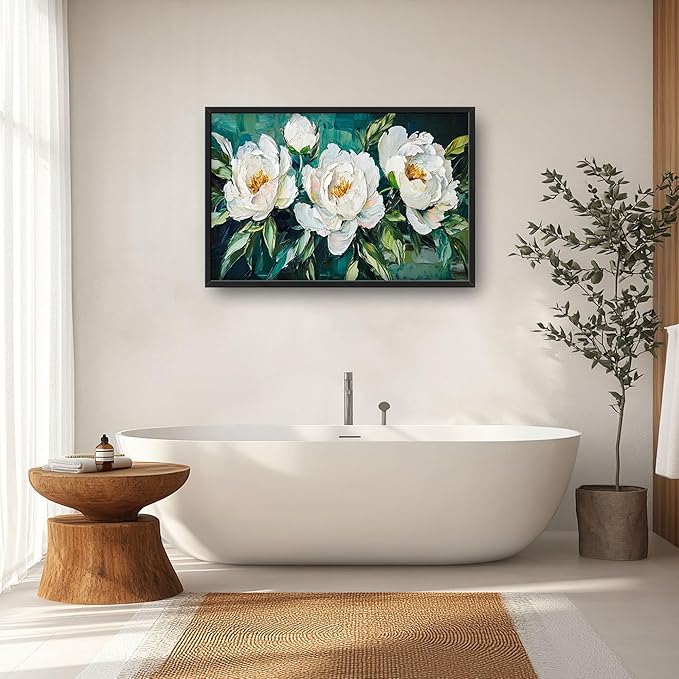 White Flower Large Wall Art for Living Room, Peoney Floral Oversized Wall Decor Pictures, Rustic Framed Canvas Print Painting, Modern Artwork for Bedroom Office Home Decor 36"x24"
