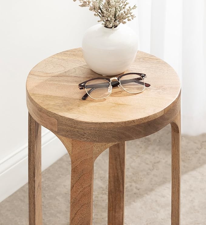 Kate and Laurel Dahl Wooden Round Drink Table; 12 x 23; Natural Brown; Transitional Boho Circle Wood Accent Pedestal Table for Living Room Plant Stand or Small Bedroom Nightstand