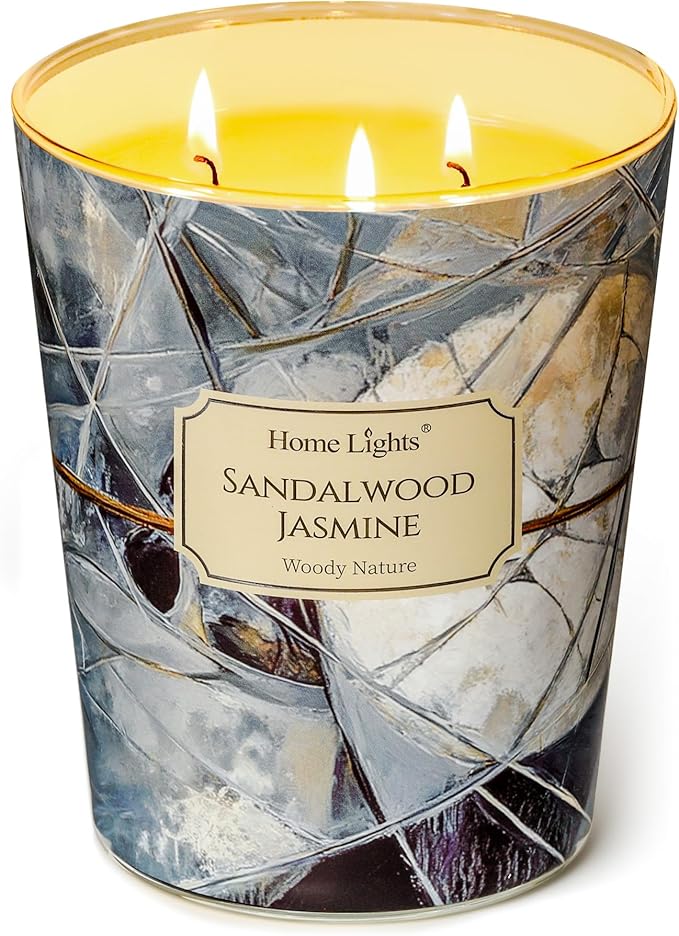 HomeLights Soy Wax Candles for Home Scented, 3-Wick Candles in Sandalwood Jasmine Scented, Industrial Chic Aromatherapy Candles Gift for Parties, Relaxing, 34oz