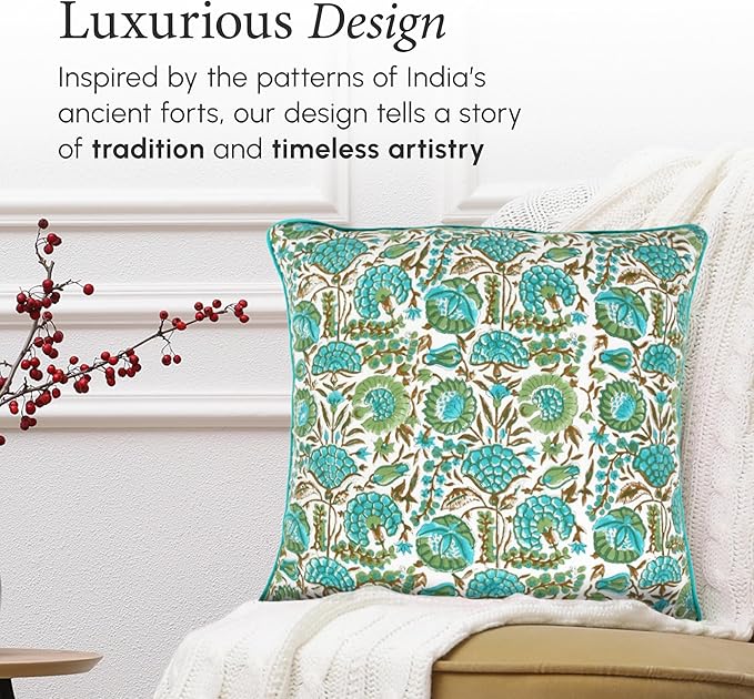 CPC Aqua Green Floral Printed Throw Square Cushion Covers - 18x18 Inch 100% Cotton Washable Decorative Couch Pillows Covers for Living Room Bed Sofa and Outdoors Spring, Easter, Valentines Gift