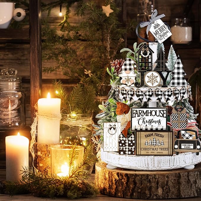 17 Pcs Christmas Tiered Tray Decor Set Winter Tiered Tray Decorations Farmhouse Tabletop Centerpiece Christmas Wooden 3D Sign for Xmas Home Buffalo Plaid Rustic Table Decoration(Gnome)