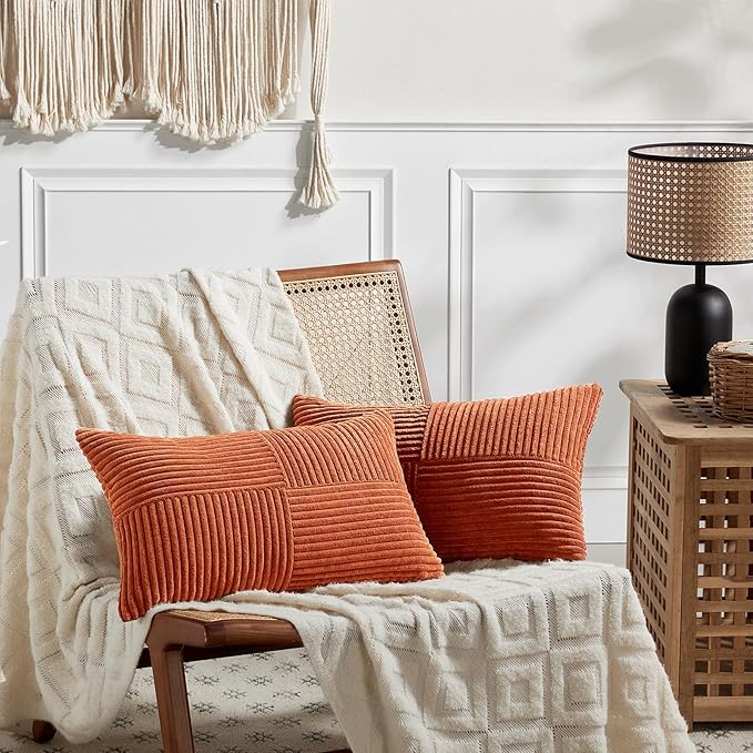Fancy Homi Set of 4 Burnt Orange Lumbar Decorative Throw Pillow Covers 12x20 Inch for Living Room Couch Bed, Boho Farmhouse Fall Home Decor, Soft Corduroy Cross Patchwork Cushion Case 30x50 cm