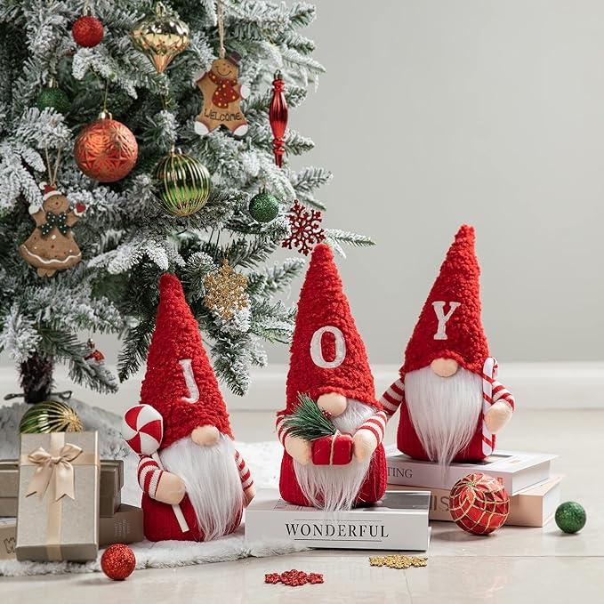 Glitzhome 3 Pack Joy Gnome Christmas Decorations, Fabric Handmade Plush Gnomes Santa Ornaments for Tabletop Home Holiday Decor
