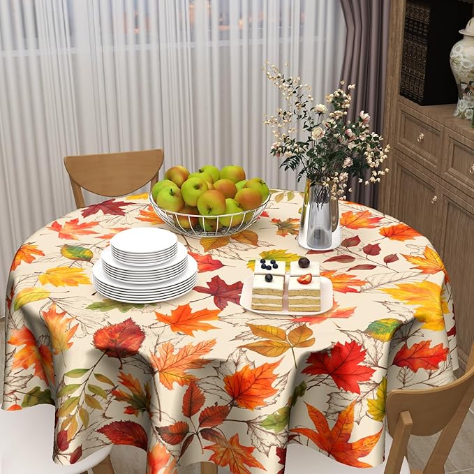 Fall Round Tablecloth 60 Inch Autumn Maple Leaf Table Cloth Round Orange Autumn Thanksgiving Harvest Themed Decorative Tablecloths Fall Circle Table Cover for Home Kitchen Dining Room Living Room