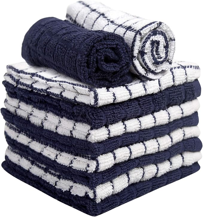 Bumble Dish Cloths (8 Pack) - 100% Cotton Dish Rags & Kitchen Washcloths for Washing Dishes | 12" x 12" | 405 GSM | Navy