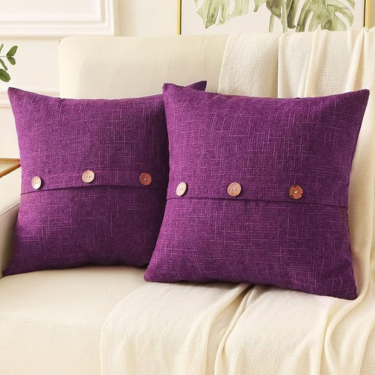 HAUSSY Purple Linen Decorative Throw Pillow Covers 18x18 Inch Set of 2,Square Cushion Case with 3 Vintage Buttons,Modern Farmhouse Home Decor for Couch,Bed