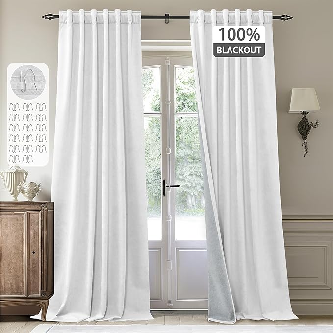 StangH White Blackout Curtains for Bedroom Soft Thick Heavy Velvet Thermal Insulated Window Drapes Hook Belt Back Tab Liner Privacy Panels for Living Room Nursery, W52 x L84, 2 Panels
