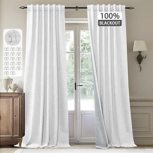 StangH White Velvet Curtains for Nursery Kids Bedroom, 100% Blackout Thermal Insulated Thick Window Panels Hook Belt Back Tab Liner Privacy Drapes for Living Room, W52 x L96, 2 Panels