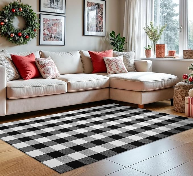 KOZYFLY Buffalo Plaid Area Rug 4 x 6 Ft Black and White Checkered Rug Washable Outdoor Rugs Cotton Rugs for Bedroom Front Door Mat Carpet for Front Porch Living Room Dining Room Kitchen