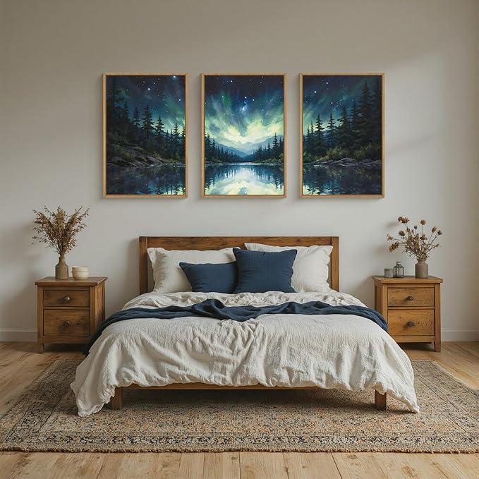 HOURIA Northern Lights Forest Lake Framed Canvas Wall Art Set,Aurora Borealis Mountain Wall Decor,Night Sky Reflective Water Artwork,Modern Wilderness Landscape Prints for Living Room,Office-24"x36"x3