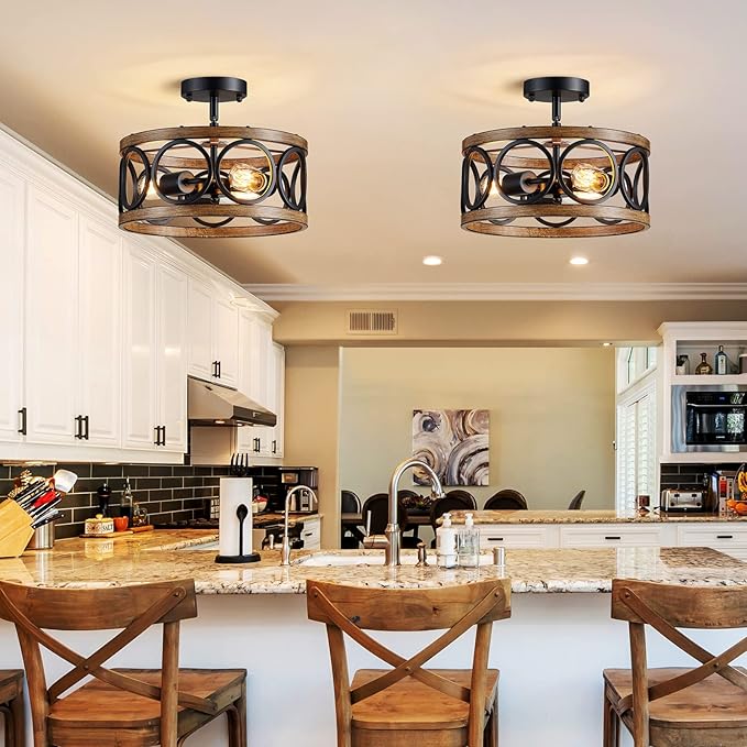 XINGQI Semi Flush Mount Ceiling Light Fixture Modern 3-Light Farmhouse Ceiling Lights for Bedroom Living Room Dining Room Entry Hallway Foyer 13" Black and Wood Grain Finish