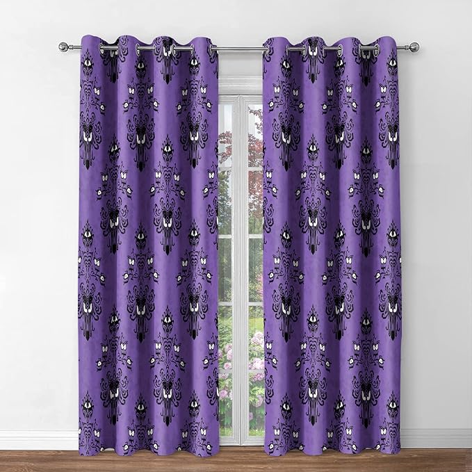 Jekeno Halloween Blackout Curtains Haunted House Mansion Decor Home Bedroom Living Room Darkening Purple Grommet Window Drapes 2 Panel Set, 52"x63"